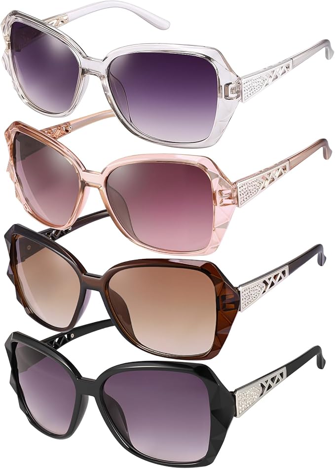 DragonflyDreams 4 Pcs Women Large Sunglasses, UV 400 Glasses Oversized Classic Trend Ladies Sunglasses Sparkling Large Frame