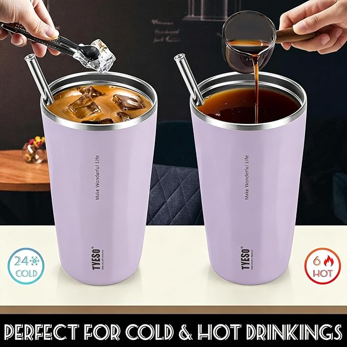 TYESO Stainless Steel Tumbler with straw inside Stainless steel wide-mouth vacuum insulation home office outdoor multi-color thermal insulation and cold insulation cover with 20oz (Purple, 20 oz)