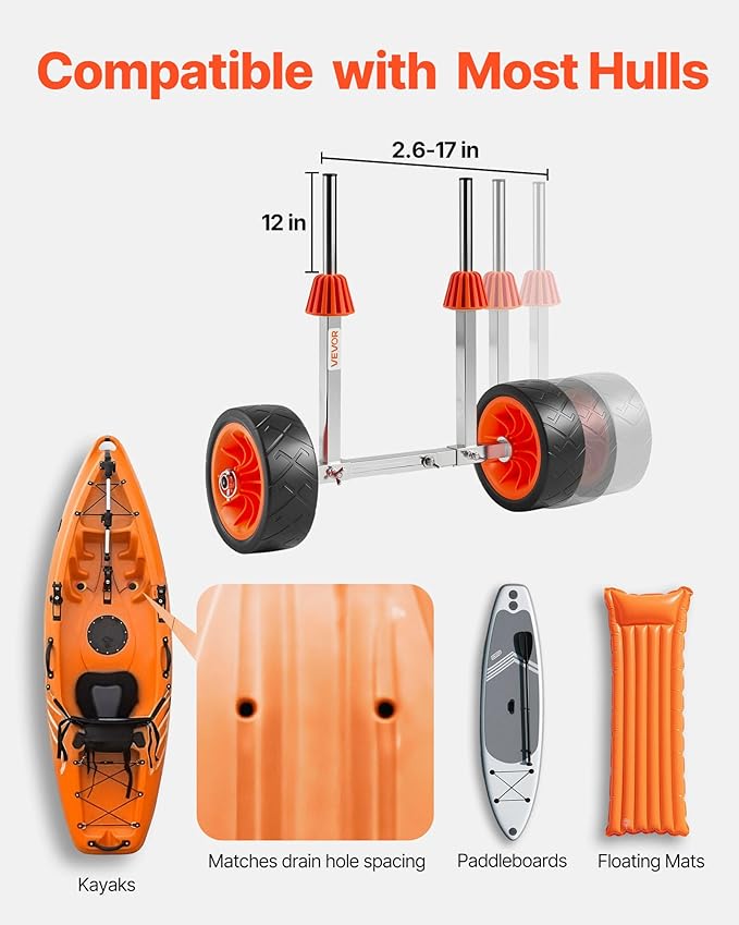 VEVOR Kayak Cart, 230/250lbs Canoe Cart Dolly with 7.5in/10in Solid Rubber Tires & Kickstand, Adjustable Width, Detachable Portable Watercraft Cart for Kayaks, Canoes, Paddle Boards