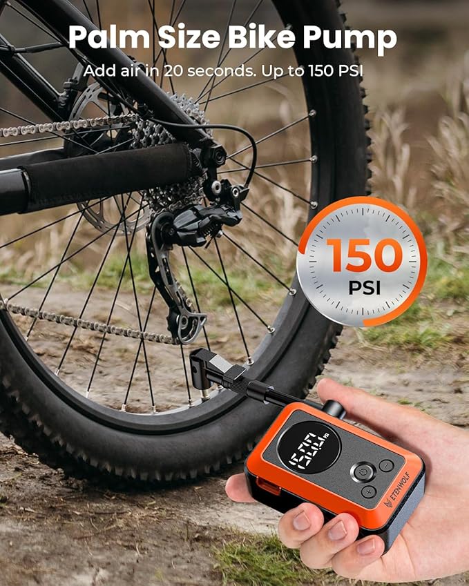 ETENWOLF Mini Bike Pump,20s Fast Inflate Bicycle Pump with Guage,150PSI Portable Electric Bike Air Pump with Presta and Schrader Valve for Mountain Bike,Road Bike,Motorcycle,Car,Sport Ball