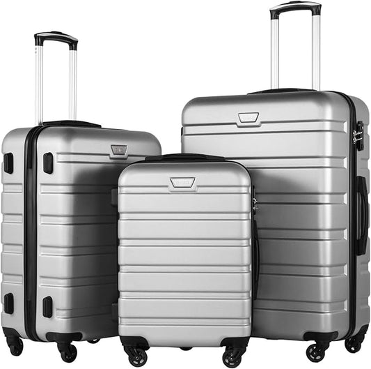 Coolife Luggage 3 Piece Set Suitcase Spinner Hardshell Lightweight TSA Lock (sliver, 20/24/28)