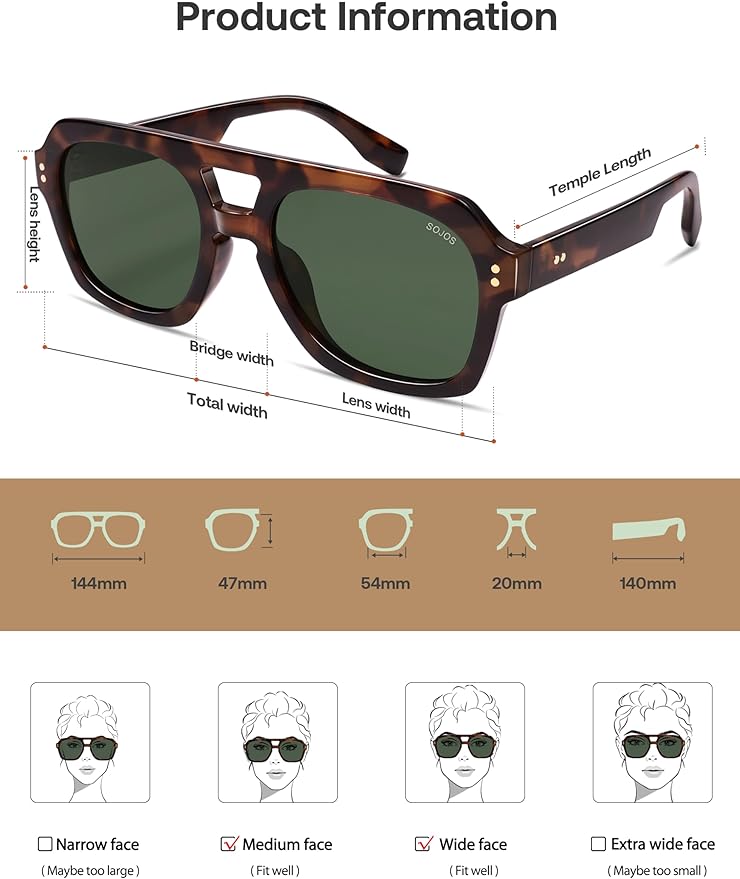 SOJOS Retro Thick Polarized Aviator Sunglasses for Women Men, Large Trendy Bold Square Pilot Shades SJ2385