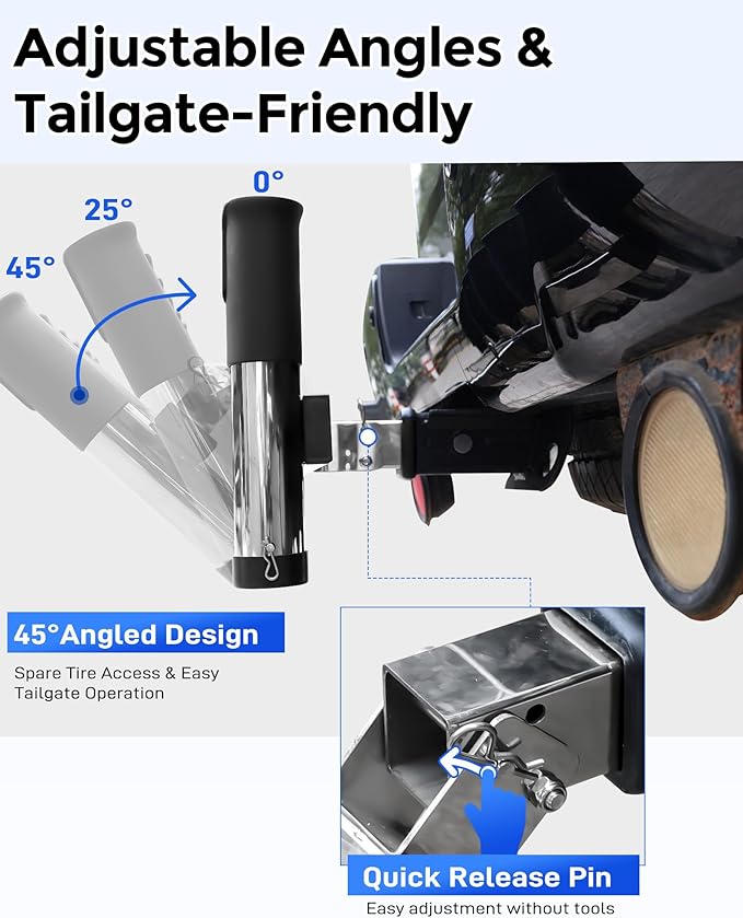 Adjustable Fishing Rod Holder for Truck 2" Hitch Receivers – Holds 6-10 Rods, 3 Angles, Quick Release, Anti-Shake Elastic Straps, Stainless Steel Fishing Pole Holder for Truck