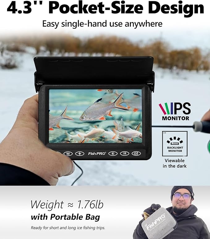 [FishPRO® 2026 アップグレード] 水中釣りカメラ 4.3インチ [2017年以来の実績] アイスフィッシングカメラ 1000 TVL 65フィート磁気スプール、IR、USB-C、5000mAh、氷上湖ボートカヤック釣り用ポータブル魚群探知機