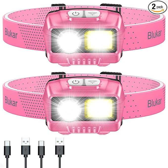 Blukar LED Headlamp,2000L Super Bright Rechargeable Headlight Flashlight with White&Red Light 2 Pack - Motion Sensor,Dimmable Brightness,8 Modes,Spotlight&Floodlight,IPX5 Waterproof for Camping-Pink