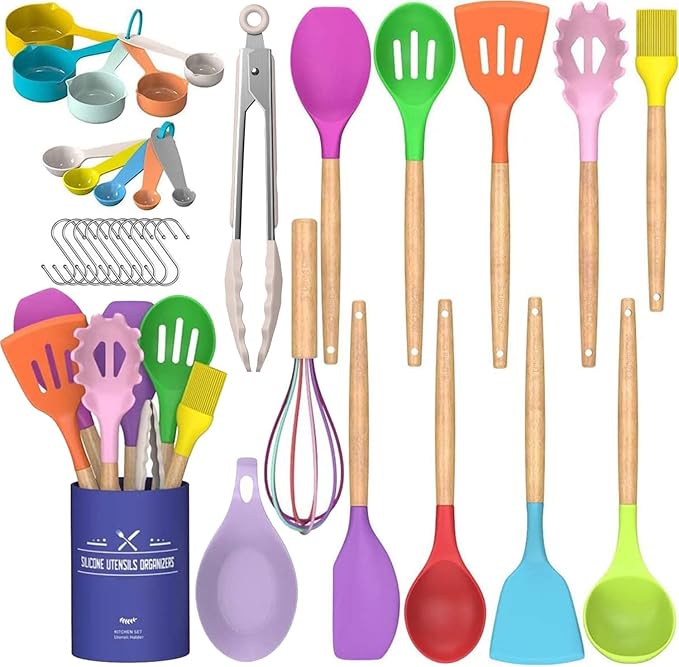 Umite Chef キッチン調理器具セット 33点焦げ付き防止シリコン調理器具 スパチュラセット ホルダー付き 木製ハンドル シリコンキッチンガジェット調理器具セット (カラフル)