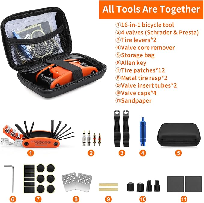 Bike Repair Kit - 16-in-1 Bike Multitool, Portable Bicycle Tools with Tire Patch Kit for Mountain Road Bikes Camping Travel (US)