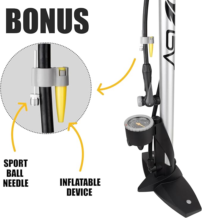 BV Bicycle Pump Durable Bike Floor Pump 17/24 inch Smart Valve Head, 160 psi, Automatically Reversible Presta and Schrader