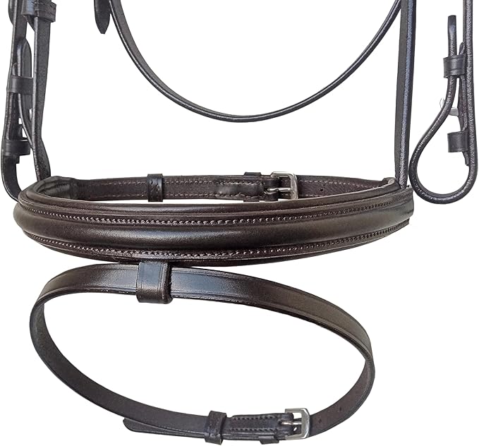 Equine Care Leather English Horse Bridle with Reins, Full Size, Choice of Browband Style, Padded Crown & Cavesson Noseband, Stainless Steel Hardware, Hunter Show Bridle.