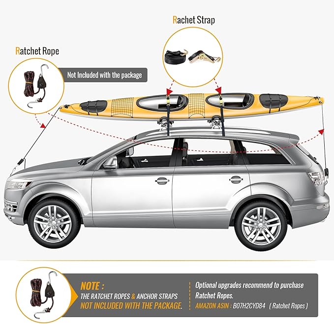 J-Bar Rack Roof Top Mount with 16 Ft Ratchet Lashing Straps, Folding Carrier for Your Canoe, SUP and Kayaks on SUV Car Truck