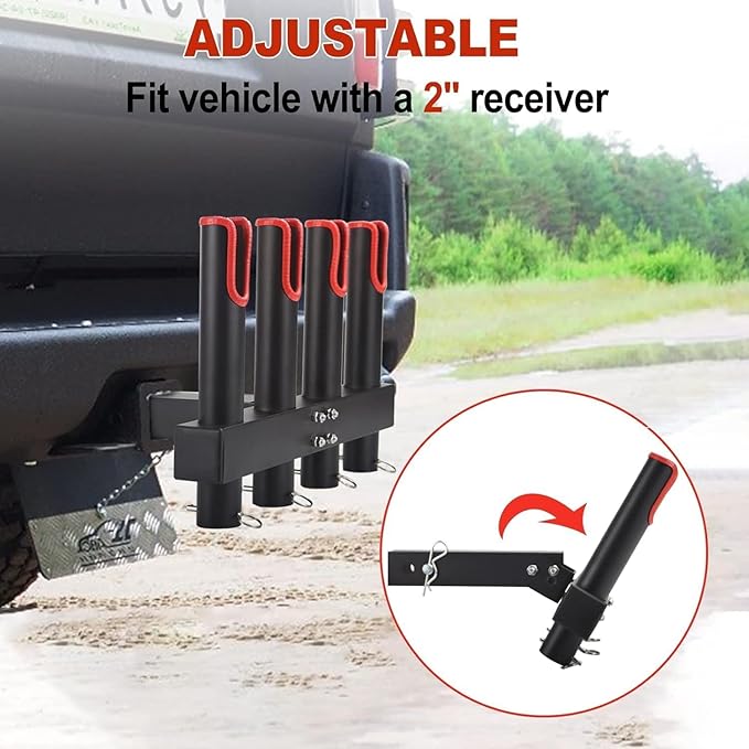 Hitch Fishing Rod Holder for Truck, 4/6-Tube Stainless Steel Rod Rack Fits 2 " Hitch Receiver, with Quick Release Pin, Reflective Safety Strips