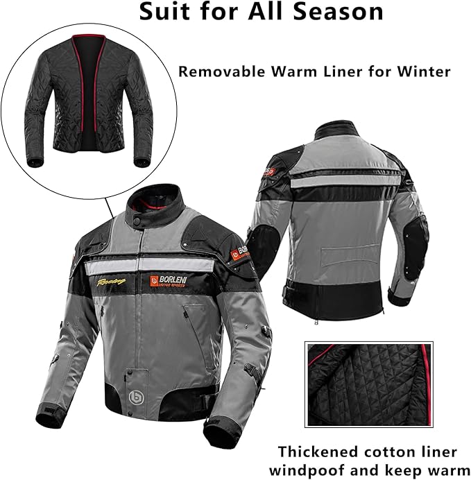 BORLENI Motorcycle Jacket Motorbike Riding Jacket Windproof Motorcycle Full Body Protective Gear CE Armor All Season Gray M