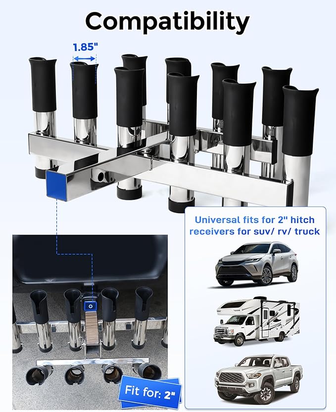 Adjustable Fishing Rod Holder for Truck 2" Hitch Receivers – Holds 6-10 Rods, 3 Angles, Quick Release, Anti-Shake Elastic Straps, Stainless Steel Fishing Pole Holder for Truck