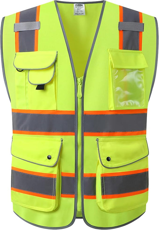 JKSafety 9 Pockets Hi-Vis Neon Yellow Color Zipper Front Safety Vest with Fluorescent Orange Extend Edge outlining the Reflective Tapes Meet ANSI/ISEA Class 2 Standard (901-Yellow, 3X-Large)