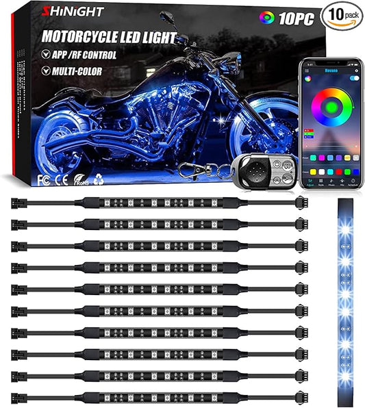 SHINIGHT 10 Pcs Motorcycle LED Light Kits, App Control Multicolor Waterproof Motorcycle LED Strip Lights with RF Remote, Music Sync & Multiple Scene Modes RGB LED Lights for Motorcycles, black
