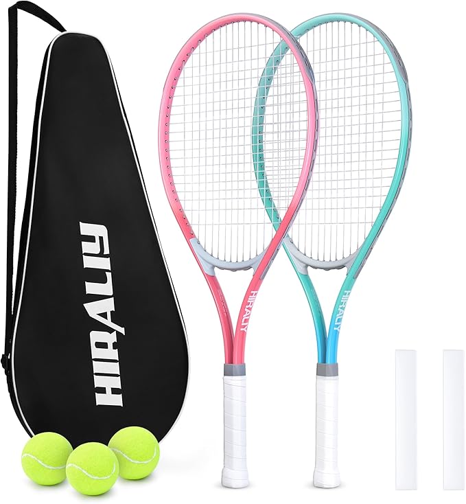 HIRALIY テニスラケット 大人初心者用2本セット - 27インチ 軽量アルミテニスラケットセット ボール3個＆キャリーバッグ付き - 振動吸収性＆ワイドスイートスポット 男女兼用 カップル向け