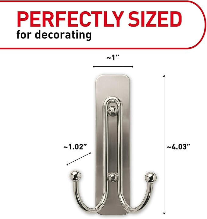 Command Large Double Bathroom Wall Hook, Damage-Free Hanging with Adhesive Strip, Great for Hanging Bath Towels, 1 Satin Nickel Wall Hook and 1 Water-Resistant Strip, Holds up to 4 lb