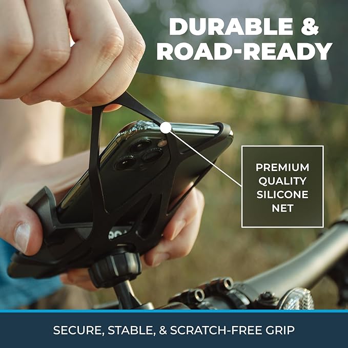 Roam Universal Cell Phone Holder Net Mount - Adjustable Up to 3.6" W x 7" L - 360° Rotation - Hands Free Navigation System for Motorcycle eBike Dirt Road Cruiser Scooter - Orange