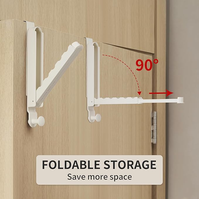 Over The Door Hooks Hanger Fit Door up to 1 3/4" Optimal 2pc,Over The Door Hanger with Retractable Rod,Foldable Over The Door Drying Rack for Laundry Bathroom Bedroom (Milky White, 2 Pack)