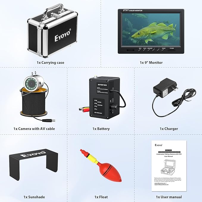 Eyoyo Underwater Fishing Camera Portable Video Fish Finder 9 inch LCD Monitor 1000TVL Waterproof Camera Underwater DVR Video Fish Cam 50m Cable 12pcs IR Infrared Lights for Ice, Lake and Boat Fishing