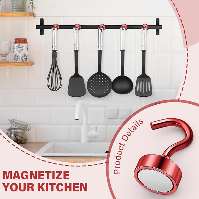 Magnetic Hooks, 30 lbs Magnetic Hooks, Magnet Hook for Cruise Cabins, Magnet Metal Hooks for Refrigerator, Mugs, Classroom, Kitchen, Home (Red, 8 Pack)
