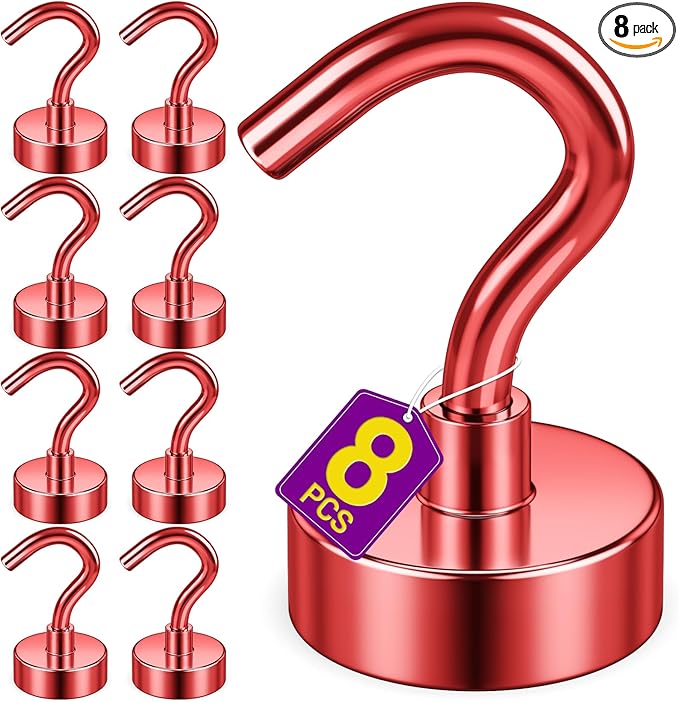 Magnetic Hooks, 30 lbs Magnetic Hooks, Magnet Hook for Cruise Cabins, Magnet Metal Hooks for Refrigerator, Mugs, Classroom, Kitchen, Home (Red, 8 Pack)