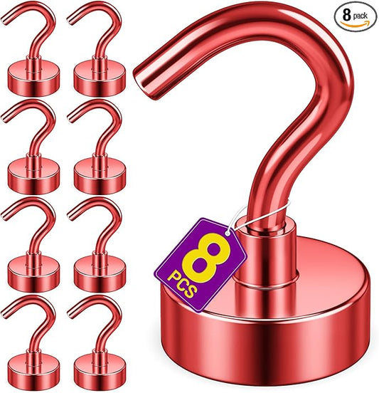 Magnetic Hooks, 30 lbs Magnetic Hooks, Magnet Hook for Cruise Cabins, Magnet Metal Hooks for Refrigerator, Mugs, Classroom, Kitchen, Home (Red, 8 Pack)