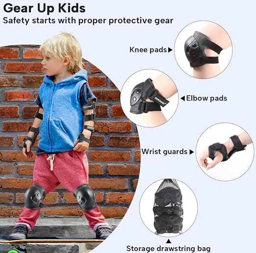 Cockchafer Kids and Youth Knee Elbow Wrist Guards Protective Gear Set for Skateboarding, Roller Skating, Inline Skating, Scooter Riding, BMX Biking (Black, Small)