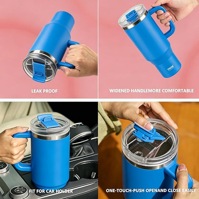 TYESO Vacuum Insulated Tumbler Water Bottle Cold Insulation Stainless Steel Bottle Straw Handle Mug Double Wall Wide Mouth (KLEIN BLUE, 40 oz)