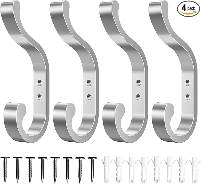 Coat Hooks Wall Mount for Hanging - Heavy Duty Backpack Hooks for Wall, Hold up to 30 lbs, Large Hanger Hooks for Towels, Purses, Clothes, Mudroom, Bathroom, Door, Silver, 4 Pack