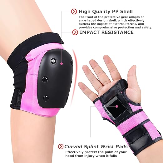 Adult/Child Knee Pads Elbow Pads Wrist Guards 3 in 1 Protective Gear Set for Skateboarding Inline Roller Biking Roller Skating Cycling Outdoor Sports Pink L
