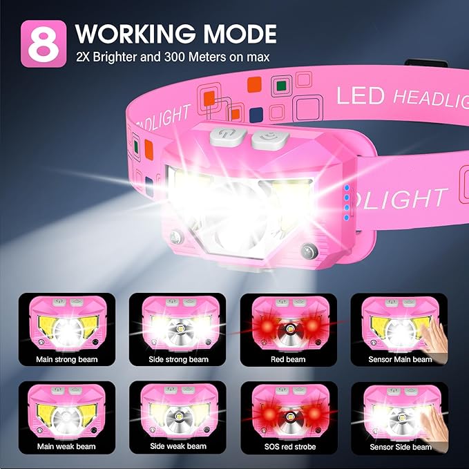 LHKNL ヘッドランプ フラッシュライト 高ルーメン高輝度LED充電式ヘッドライト 白色赤色ライト付き 2個パック 防水モーションセンサーヘッドランプ 8モード キャンプ ランニング ハイキング 釣り用具 - ピンク