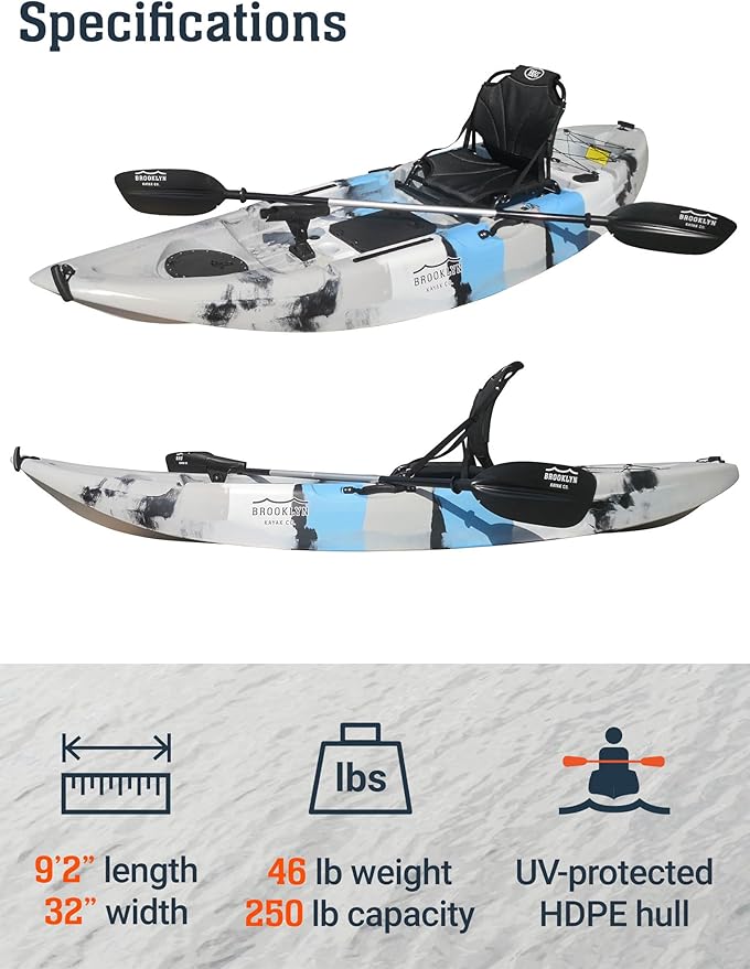 Brooklyn 9.2 Sit-On-Top Single Fishing Kayak by BKC, Lightweight Solo Kayak with Dry Hatches, Rod Holders & Accessory Rails for Lakes & Rivers (Upright Seat or Memory Foam Seat)