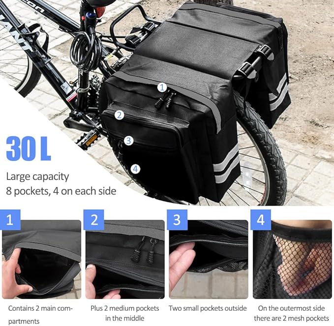 Bike Rear Rack Double Pannier Bag, 30L Waterproof Bicycle Trunk Bag, Bike Pannier Bag with Reflective Trim, for Grocery Shopping Commuter Long Cycling Trip (Black)