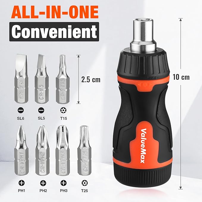 ValueMax 8-in-1 Stubby Ratcheting Screwdriver, Multi-bit Screwdriver, Quick-load Mechanism, Adjustable Magnetic Tool with Phillips, Slotted, Torx Screw Driver Bits and 1/4" Nut Driver