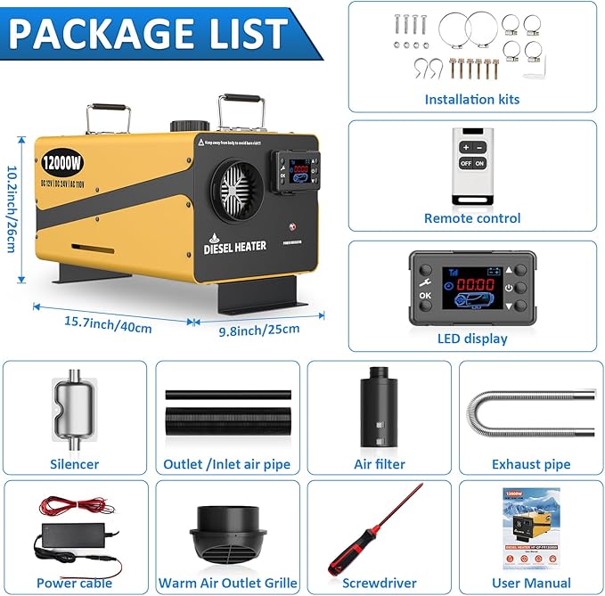 12000W Diesel Heater, 110V/24V/12V Ultra Parking Heater with Remote Control and LCD Display, 2025 Upgraded All-in-One Instant Heat Low Noise for RV Truck Boat Bus Home Shop (110V/24V/12V Heater)