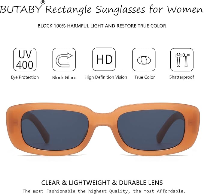 BUTABY Rectangle Sunglasses for Women Retro Driving Glasses 90’s Vintage Fashion Narrow Square Frame UV400 Protection