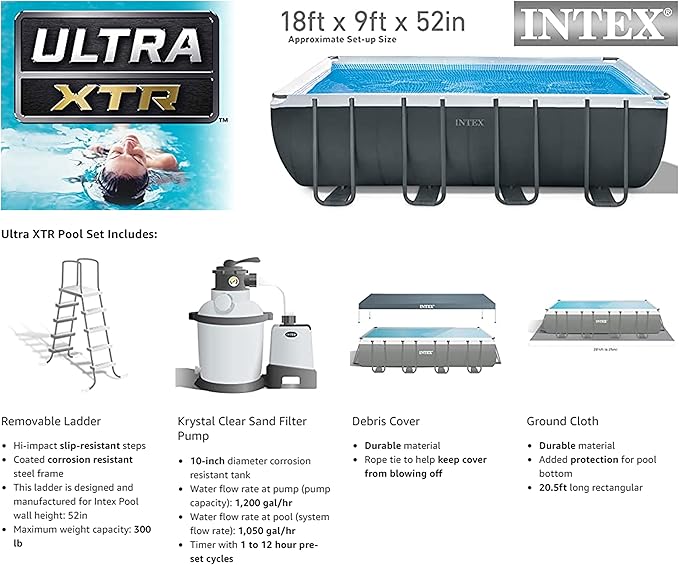 INTEX Ultra XTR 18 ft x 9 ft 52 in Above Ground Pool Set, Rectangular Swimming Pool with Steel Frame, 1500 GPH Sand Filter Pump, Ladder, Cover, & Ground Cloth