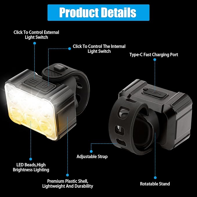 2 Pcs Bike Light,Bicycle Lights Front and Rear,USB Rechargeable Bike Light Set 6+12Modes,IPX4 Waterproof Bike Lights for Night Riding or Cycling,Taillights with Internal Spot and External Flood Light