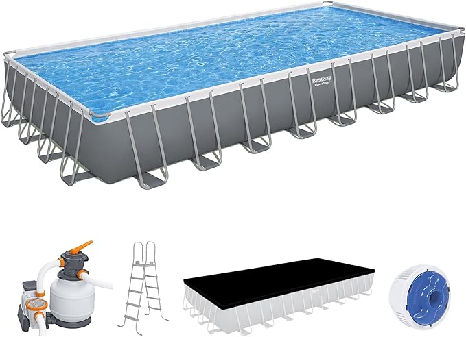Bestway Power Steel 31フィート4インチ x 16フィート x 52インチ 地上設置型プール、長方形メタルフレーム屋外スイミングプールセット（サンドフィルターポンプ、はしご、カバー付き）