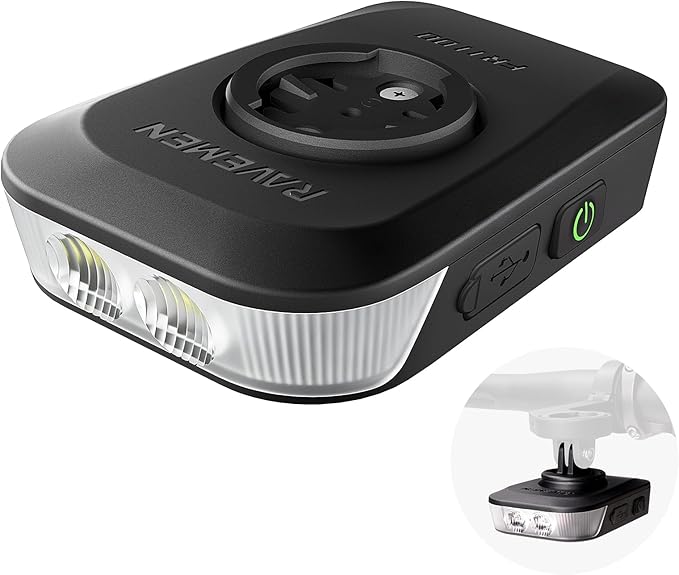 RAVEMEN FR1100 SE Bike Headlight Compatible with Garmin/Wahoo/Bryton Computers, 270° Wide-Angled Bicycle Front Light for Night Urban Riding & Daytime Warning, Auto On and Off, Up to 46H, 6 Modes