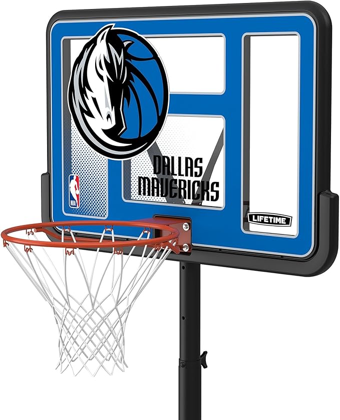 Lifetime NBA Dallas Mavericks Portable Basketball Hoop, Adjustable Height 7.5-10 Ft, 44 Inch Shatterproof Fusion Backboard, Base with Wheels