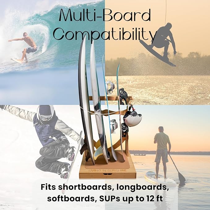LISS Spirit Surfboard Rack Stand Holder for 3 & 4 Boards, Indoor Storage Display for Longboard, Shortboard, Snowboard, Wakeboard, Skateboard Up to 10Ft Long