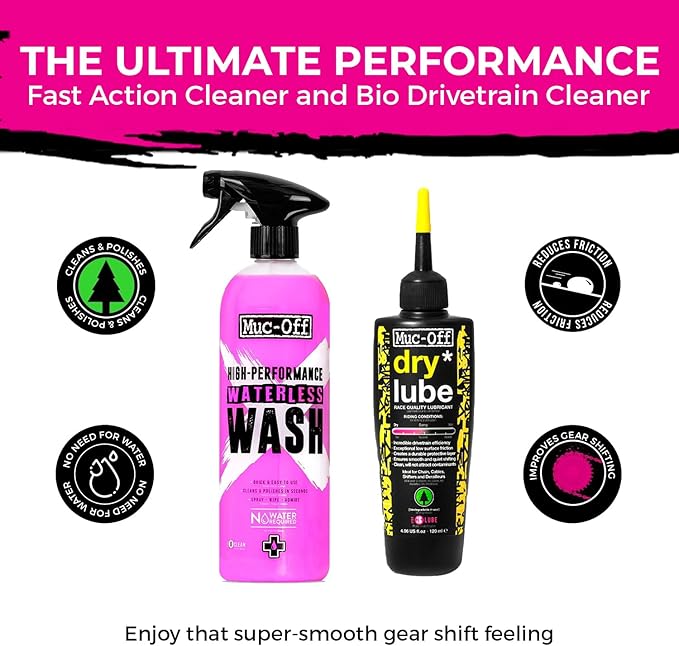 Muc-Off Waterless Wash & Dry Bike Chain Lube Bundle | 750ml High-Performance Bike Cleaner Spray + 120ml Wax-Based Chain Lube | No Rinse Bike Wash + Dry Weather Lubrication