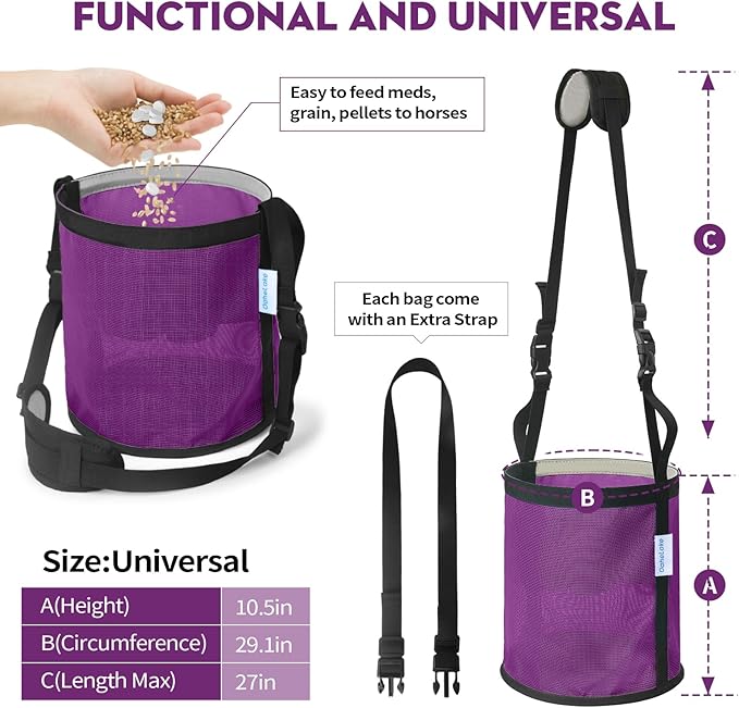 Horse Feed Bag for Grain, Breathable Mesh Feed Bags for Horses, Muzzle Feedbag for Feeding Grain, Anti-Spill Design Feeder, Soft Neck Pad Nose Pad, Universal Fit (Purple Pack of 1)