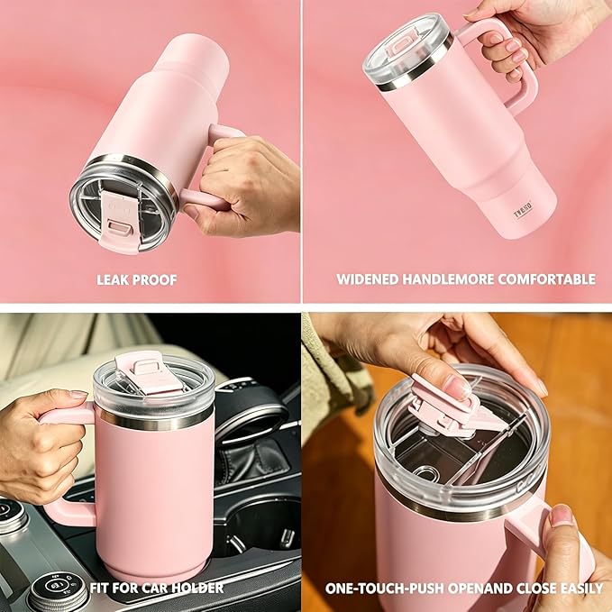 TYESO Vacuum Insulated Tumbler Water Bottle Cold Insulation Stainless Steel Bottle Straw Handle Mug Double Wall Wide Mouth (PINK, 40 oz)