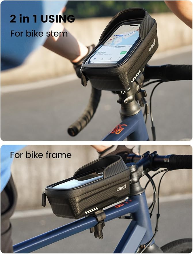 Lamicall 2 Pack Bike Frame Bag Waterproof - [1s Release] [2 in 1] Bike Phone Bag, Bike Phone Holder Mount, Bicycle Top Tube Bag, Cycling Pouch with Rain Cover, Bike Accessories for Phones Under 7"