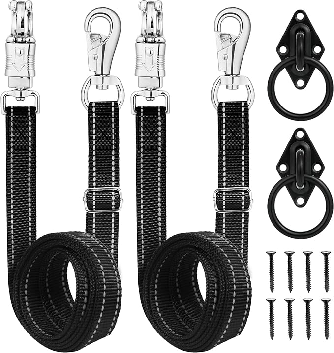 Heavy-Duty Cross Ties for Horses - Adjustable Nylon Horse Trailer Ties with Strong Panic Snap & Bull Snap (59"-102"), Set with 2 Pack Tie Rings & 8 Matching Screws (Black)