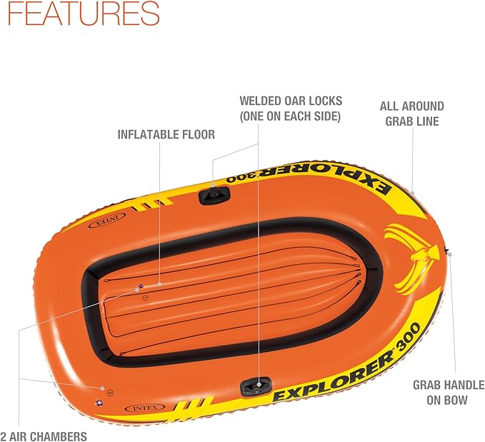 INTEX Explorer Inflatable Boat Series: Dual Air Chambers – Welded Oar Locks – Grab Handles – Bow Rope – Sporty Design