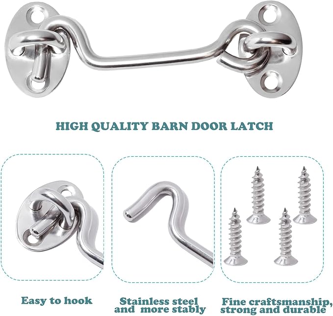 4" Barn Door Latch Door Lock Hardware, 2 Pack Sliver Sliding Door Lock Eye Hook Latch with Screws, Rust-Resistant Metal Gate Latch, Privacy Hooks Latch for Inside Door, Wooden Fence, Garage Door